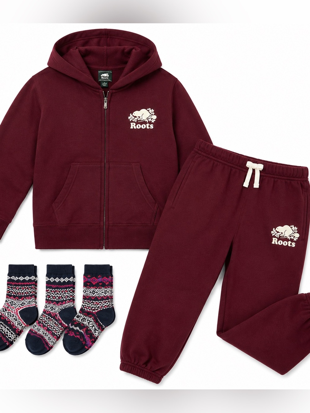 Roots Kids Burgundy Hoodie & Sweatpants Set with 3 sets of socks